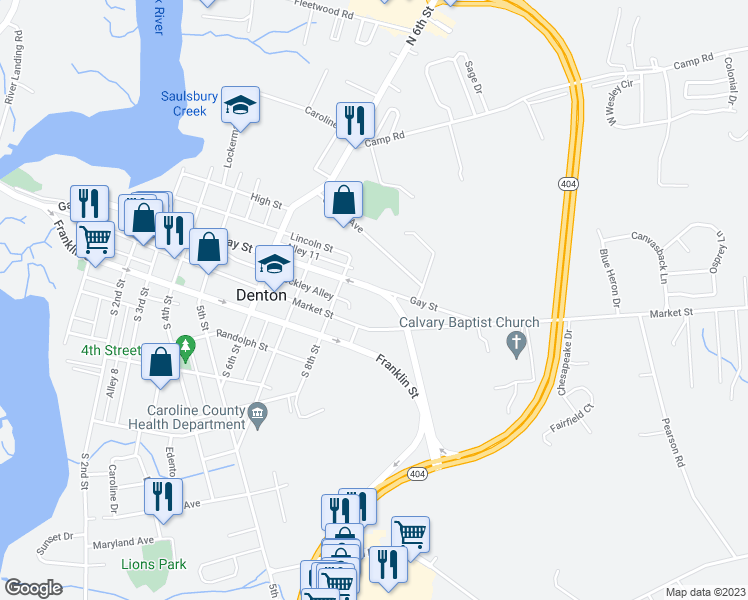 map of restaurants, bars, coffee shops, grocery stores, and more near 919 Gay Street in Denton