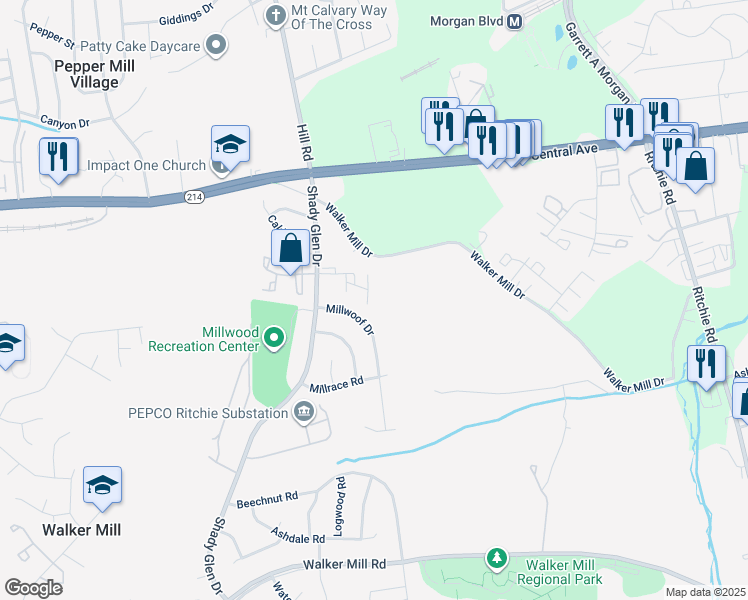 map of restaurants, bars, coffee shops, grocery stores, and more near 384 Shady Glen Drive in Capitol Heights