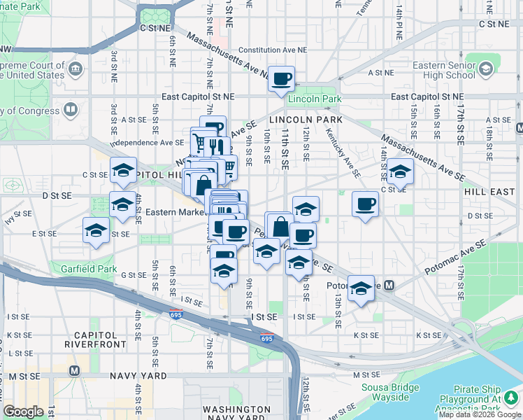 map of restaurants, bars, coffee shops, grocery stores, and more near 101 Independence Avenue Southeast in Washington