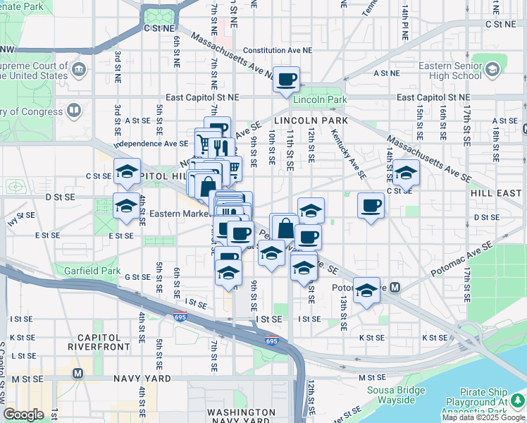 map of restaurants, bars, coffee shops, grocery stores, and more near 905 South Carolina Avenue Southeast in Washington