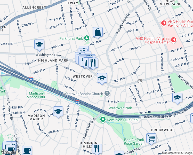 map of restaurants, bars, coffee shops, grocery stores, and more near 5830 Washington Boulevard in Arlington