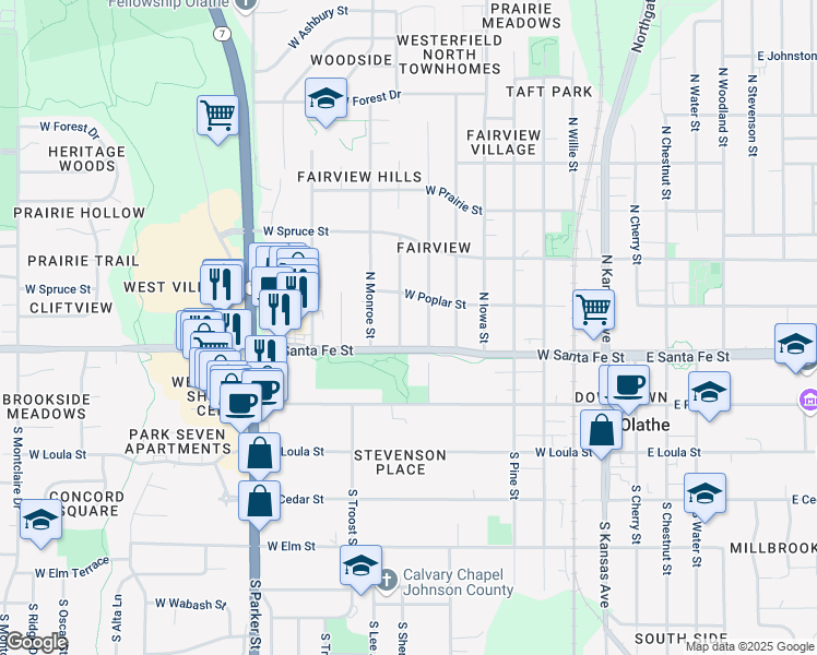 map of restaurants, bars, coffee shops, grocery stores, and more near 210 North Clinton Street in Olathe