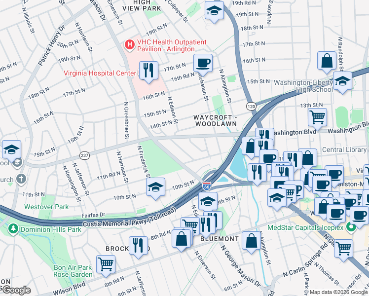map of restaurants, bars, coffee shops, grocery stores, and more near 1205 North Evergreen Street in Arlington