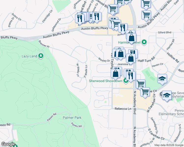 map of restaurants, bars, coffee shops, grocery stores, and more near 3459 Queen Anne Way in Colorado Springs