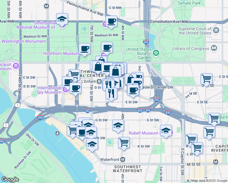 map of restaurants, bars, coffee shops, grocery stores, and more near 488 Virginia Avenue Southwest in Washington