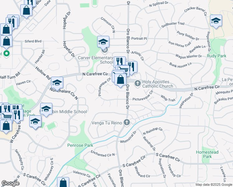 map of restaurants, bars, coffee shops, grocery stores, and more near 3630 Jubilant Place in Colorado Springs