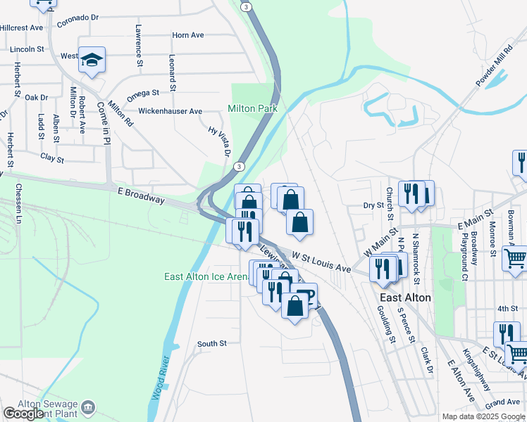 map of restaurants, bars, coffee shops, grocery stores, and more near 129 Virginia Street in East Alton