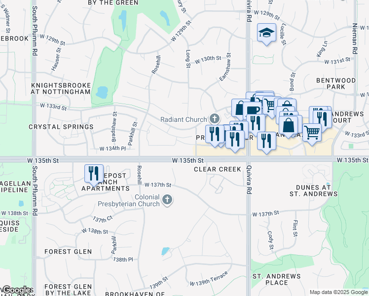 map of restaurants, bars, coffee shops, grocery stores, and more near 12500 West 135th Street in Overland Park