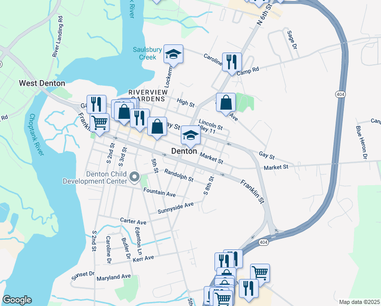 map of restaurants, bars, coffee shops, grocery stores, and more near 608 Market Street in Denton