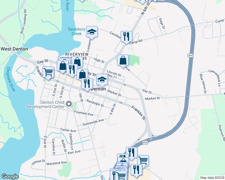 map of restaurants, bars, coffee shops, grocery stores, and more near 707 Market Street in Denton