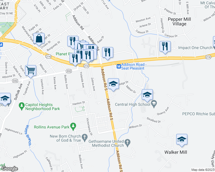 map of restaurants, bars, coffee shops, grocery stores, and more near 6400 Rolling Ridge Drive in Capitol Heights