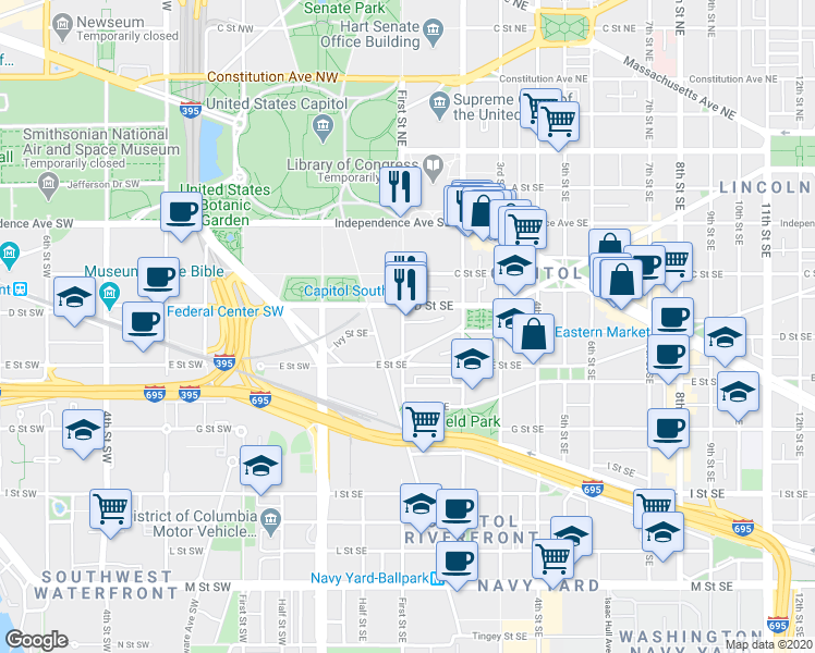map of restaurants, bars, coffee shops, grocery stores, and more near 412 1st Street Southeast in Washington