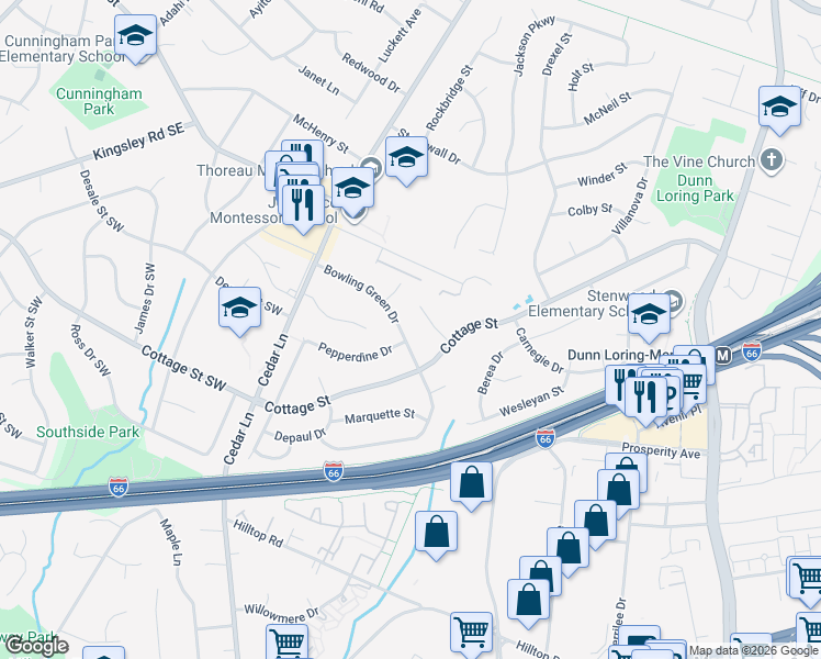 map of restaurants, bars, coffee shops, grocery stores, and more near 2629 Bowling Green Dr in Vienna