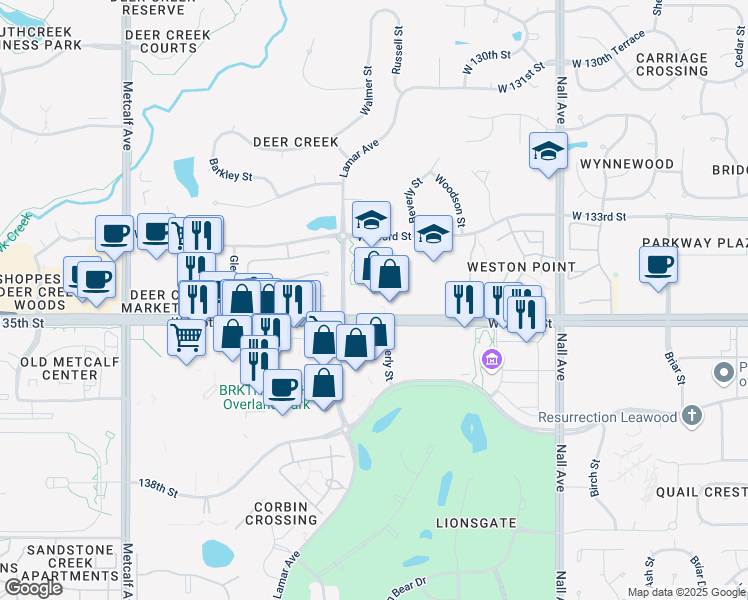 map of restaurants, bars, coffee shops, grocery stores, and more near 6240 West 135th Street in Overland Park