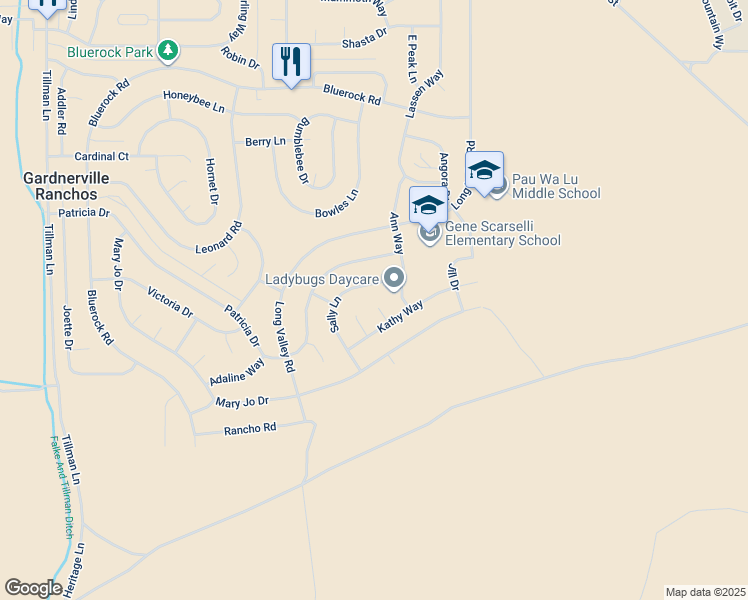 map of restaurants, bars, coffee shops, grocery stores, and more near 1445 Sally Lane in Gardnerville