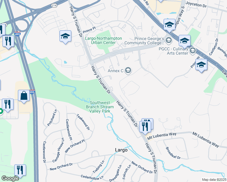 map of restaurants, bars, coffee shops, grocery stores, and more near 442 Harry S Truman Drive in Upper Marlboro