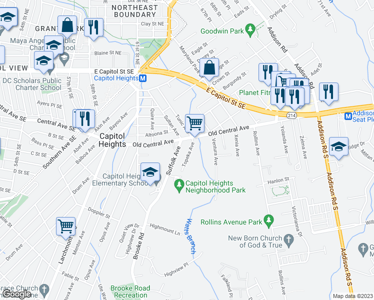 map of restaurants, bars, coffee shops, grocery stores, and more near 411 Topeka Avenue in Capitol Heights