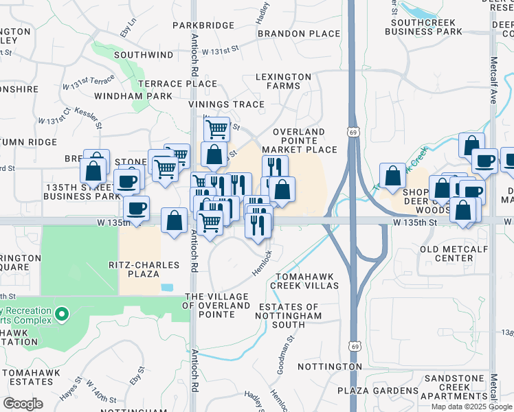 map of restaurants, bars, coffee shops, grocery stores, and more near 8420 W 135th St in Overland Park