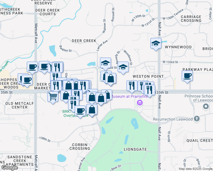 map of restaurants, bars, coffee shops, grocery stores, and more near 6240 West 135th Street in Overland Park