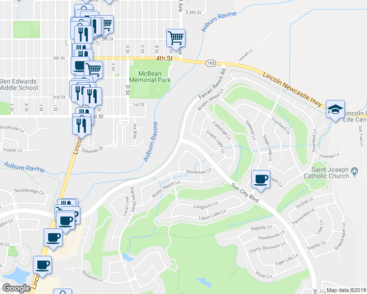 map of restaurants, bars, coffee shops, grocery stores, and more near 240 Saddlehorn Loop in Lincoln