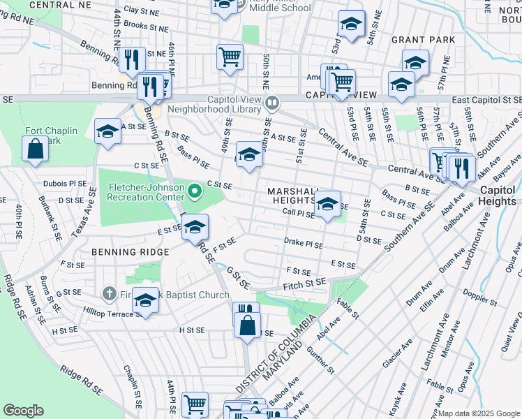 map of restaurants, bars, coffee shops, grocery stores, and more near 5005 Call Place Southeast in Washington