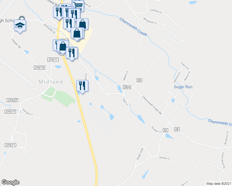 map of restaurants, bars, coffee shops, grocery stores, and more near Chenoweth Creek Road in Elkins
