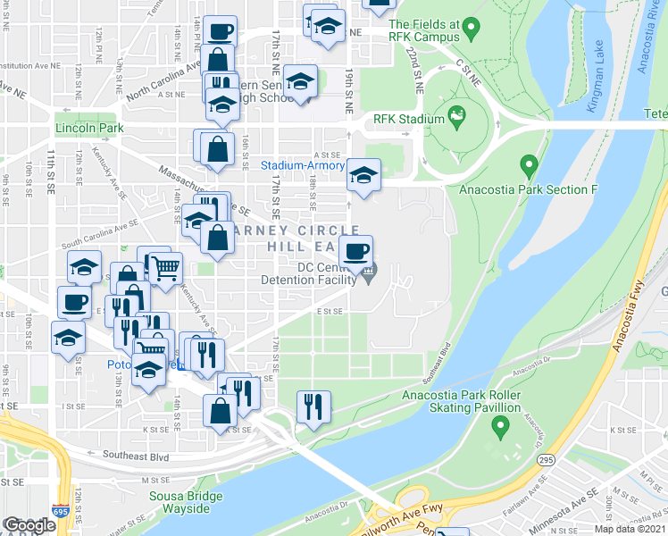 map of restaurants, bars, coffee shops, grocery stores, and more near 1833 Massachusetts Avenue Southeast in Washington