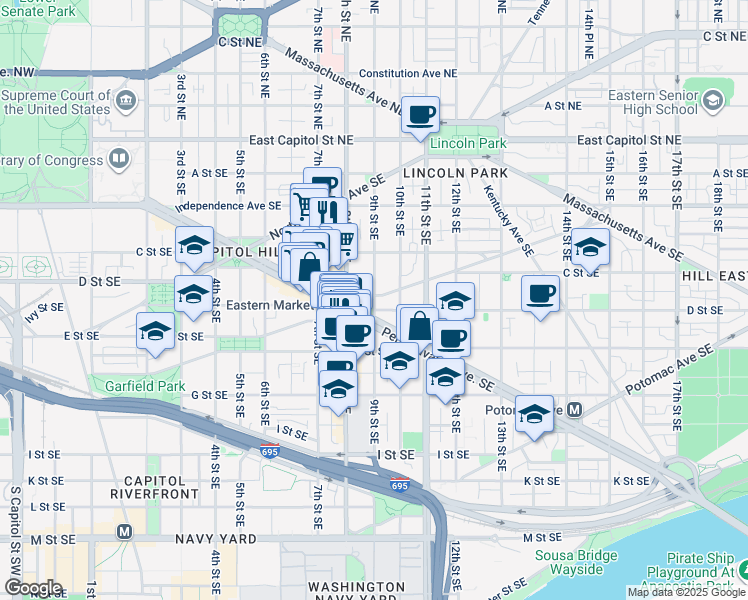 map of restaurants, bars, coffee shops, grocery stores, and more near 905 South Carolina Avenue Southeast in Washington
