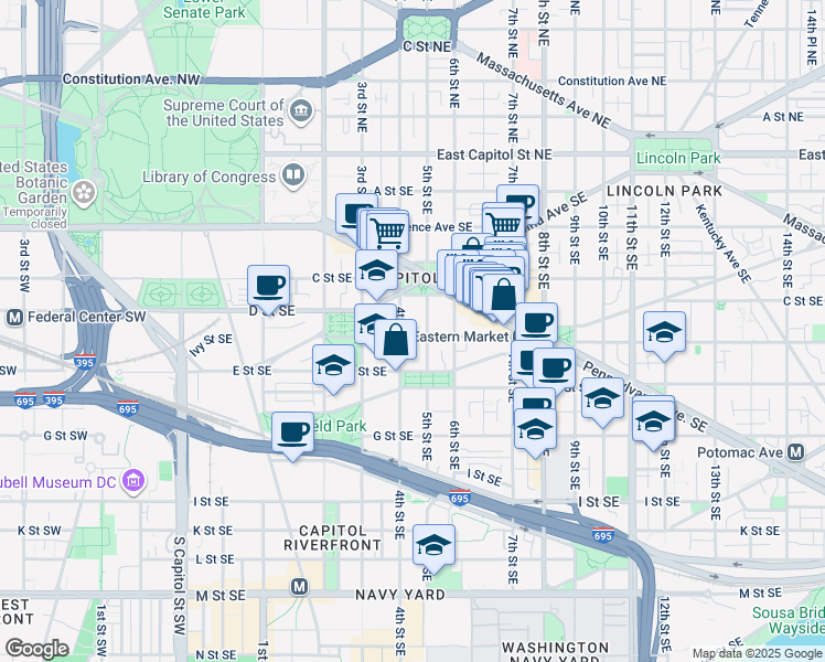 map of restaurants, bars, coffee shops, grocery stores, and more near 408-414 D Street Southeast in Washington