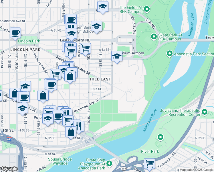 map of restaurants, bars, coffee shops, grocery stores, and more near 101 Independence Avenue Southeast in Washington