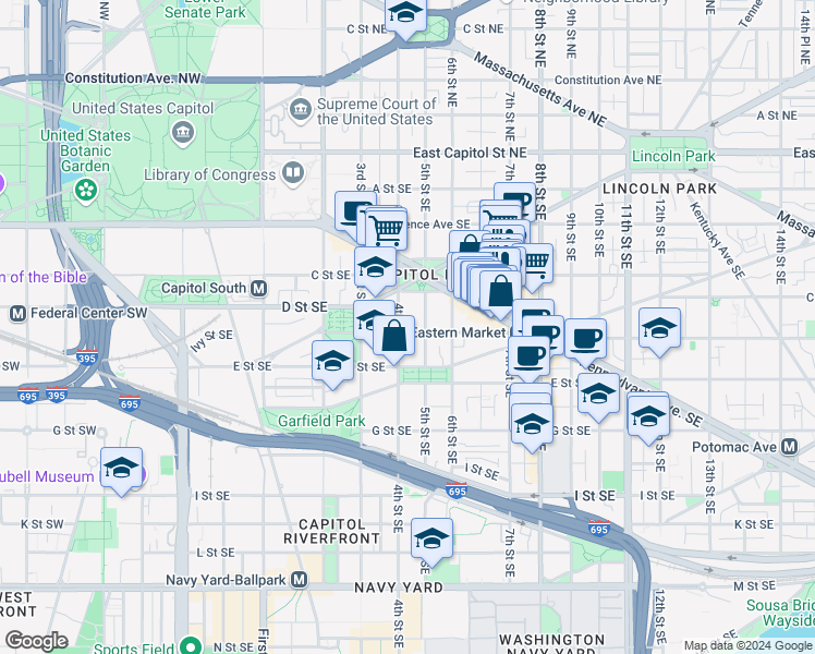map of restaurants, bars, coffee shops, grocery stores, and more near 408-414 D Street Southeast in Washington