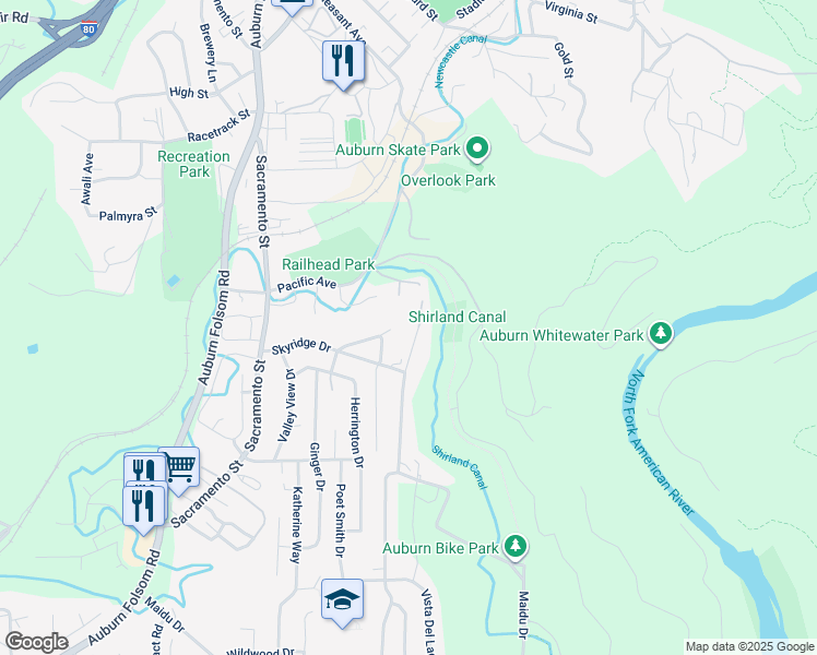 map of restaurants, bars, coffee shops, grocery stores, and more near 150 Riverview Drive in Auburn