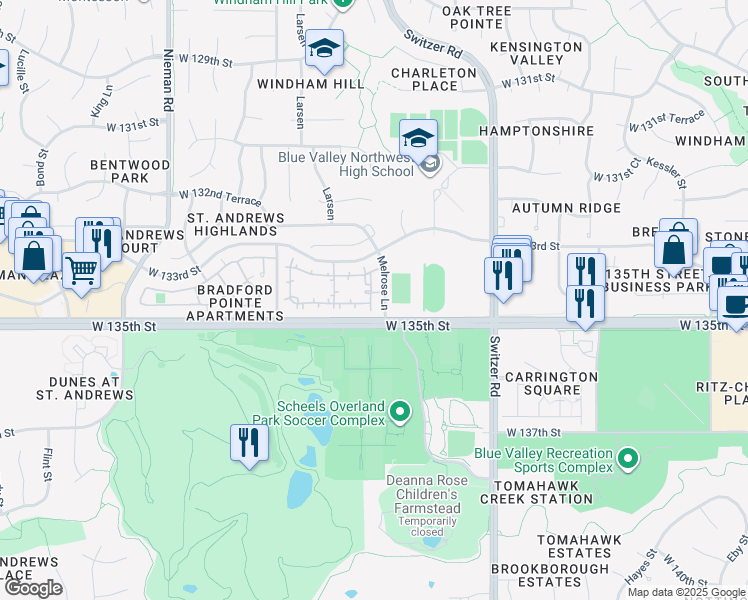 map of restaurants, bars, coffee shops, grocery stores, and more near 13400 Melrose Street in Overland Park