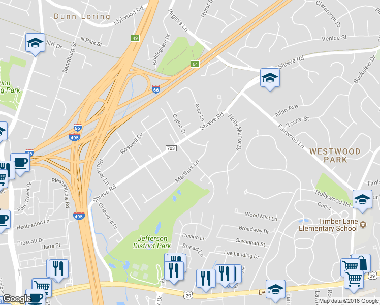 map of restaurants, bars, coffee shops, grocery stores, and more near 2611 Hillsman Street in Falls Church