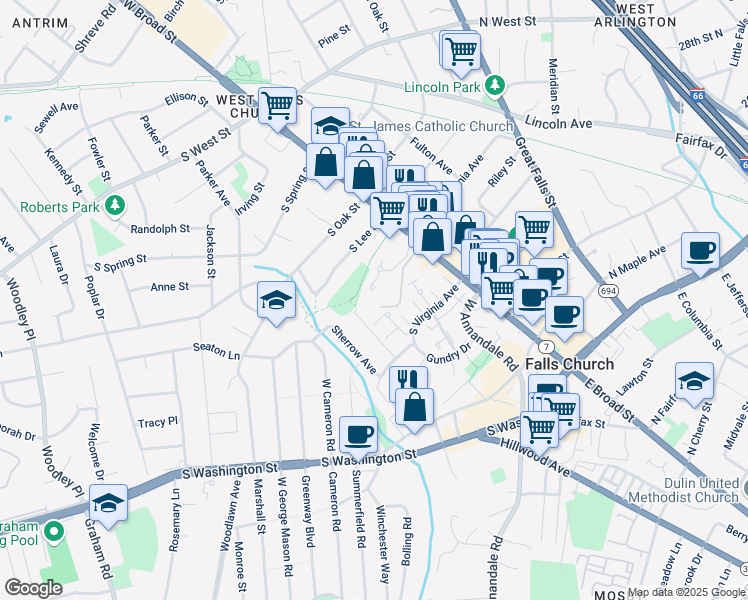 map of restaurants, bars, coffee shops, grocery stores, and more near 132 Chanel Terrace in Falls Church