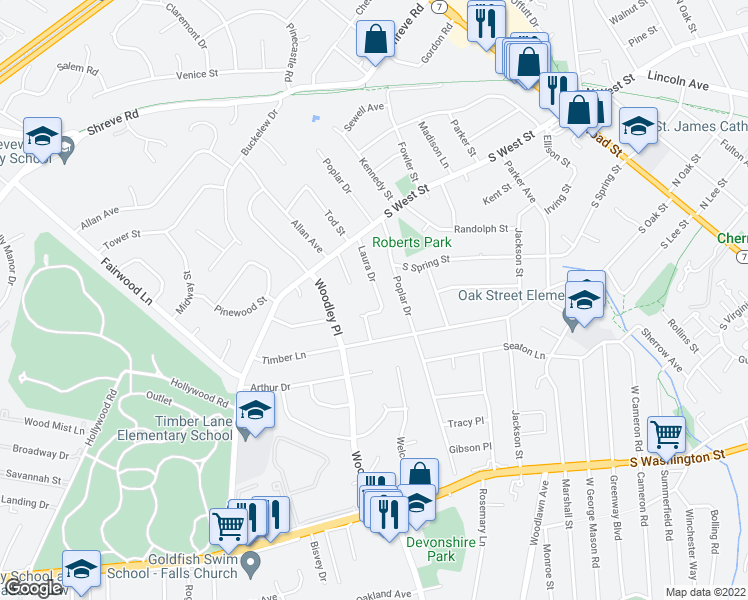 map of restaurants, bars, coffee shops, grocery stores, and more near 615 Laura Drive in Falls Church