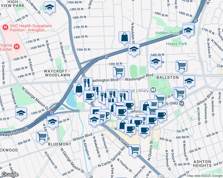 map of restaurants, bars, coffee shops, grocery stores, and more near 1116 North Taylor Street in Arlington