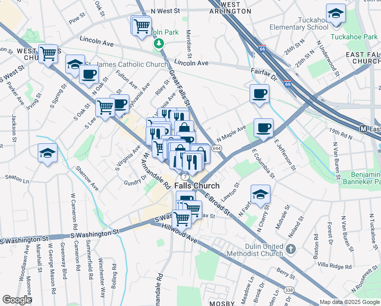 map of restaurants, bars, coffee shops, grocery stores, and more near 200 Park Avenue in Falls Church