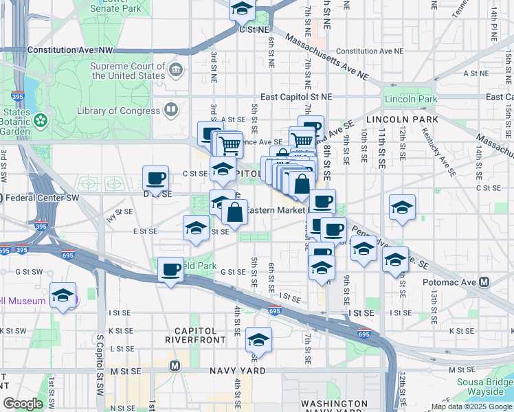 map of restaurants, bars, coffee shops, grocery stores, and more near 330 5th Street Southeast in Washington