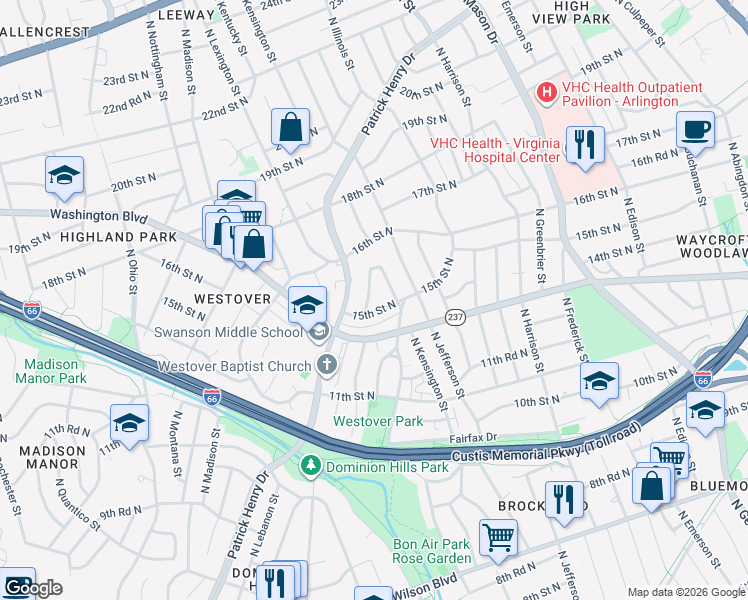 map of restaurants, bars, coffee shops, grocery stores, and more near 1509 North Kentucky Street in Arlington
