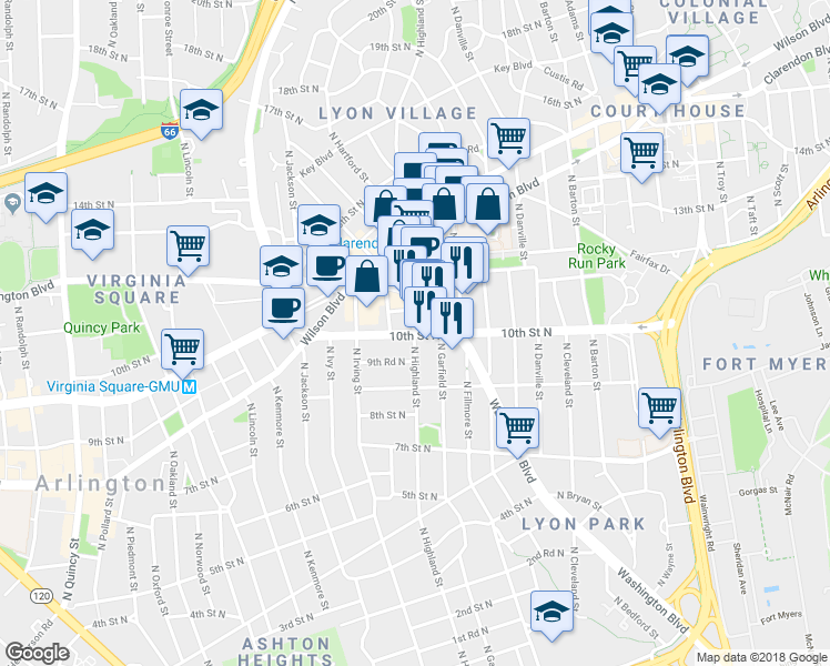 map of restaurants, bars, coffee shops, grocery stores, and more near 10th St N & N Highland St in Arlington