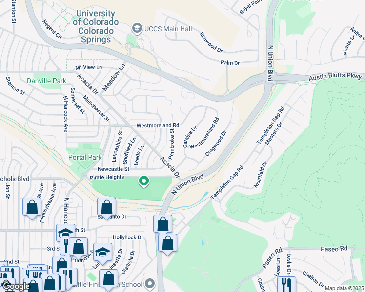 map of restaurants, bars, coffee shops, grocery stores, and more near 3710 Catalpa Drive in Colorado Springs