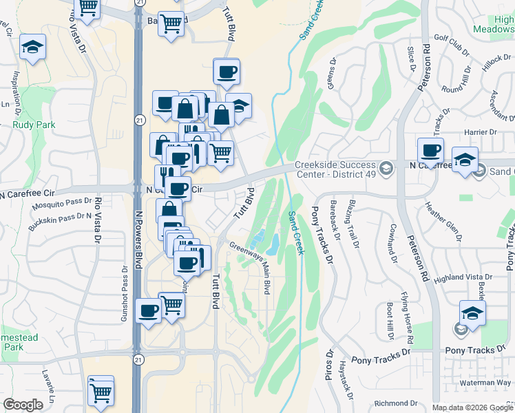 map of restaurants, bars, coffee shops, grocery stores, and more near 3673 Golf Course View in Colorado Springs
