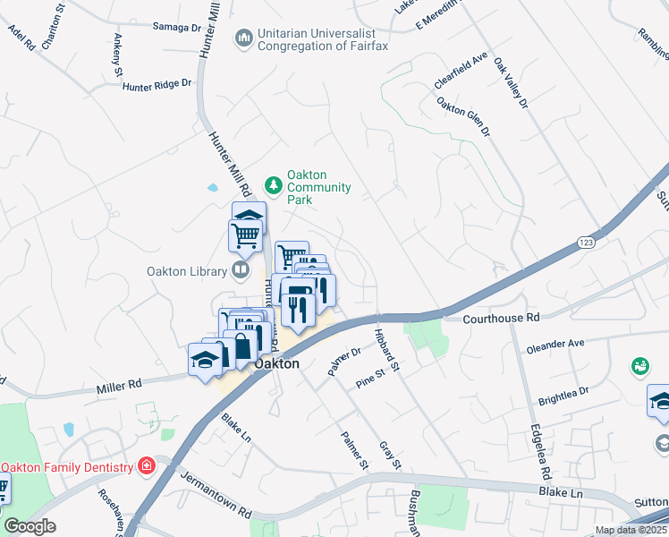map of restaurants, bars, coffee shops, grocery stores, and more near 10179 Castlewood Lane in Oakton