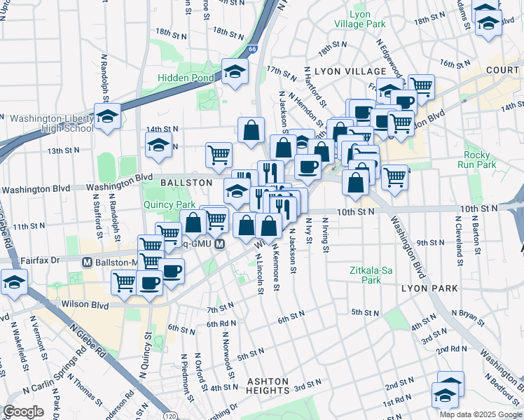 map of restaurants, bars, coffee shops, grocery stores, and more near Fairfax Drive in Arlington