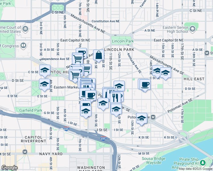 map of restaurants, bars, coffee shops, grocery stores, and more near 101 Independence Avenue Southeast in Washington
