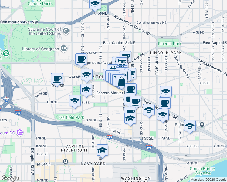 map of restaurants, bars, coffee shops, grocery stores, and more near 101 Independence Avenue Southeast in Washington