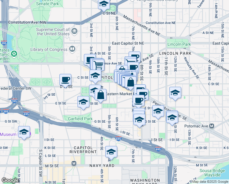 map of restaurants, bars, coffee shops, grocery stores, and more near 101 Independence Avenue Southeast in Washington