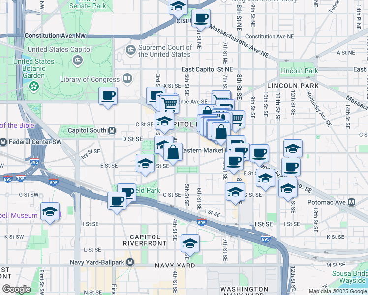 map of restaurants, bars, coffee shops, grocery stores, and more near 101 Independence Avenue Southeast in Washington