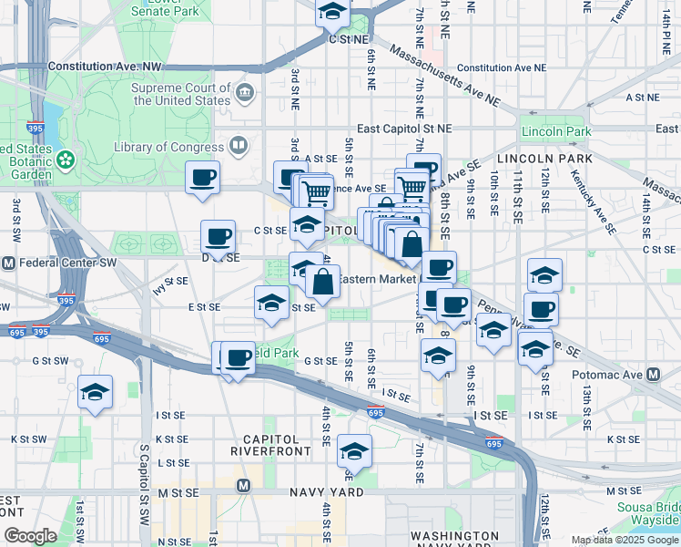map of restaurants, bars, coffee shops, grocery stores, and more near 101 Independence Avenue Southeast in Washington